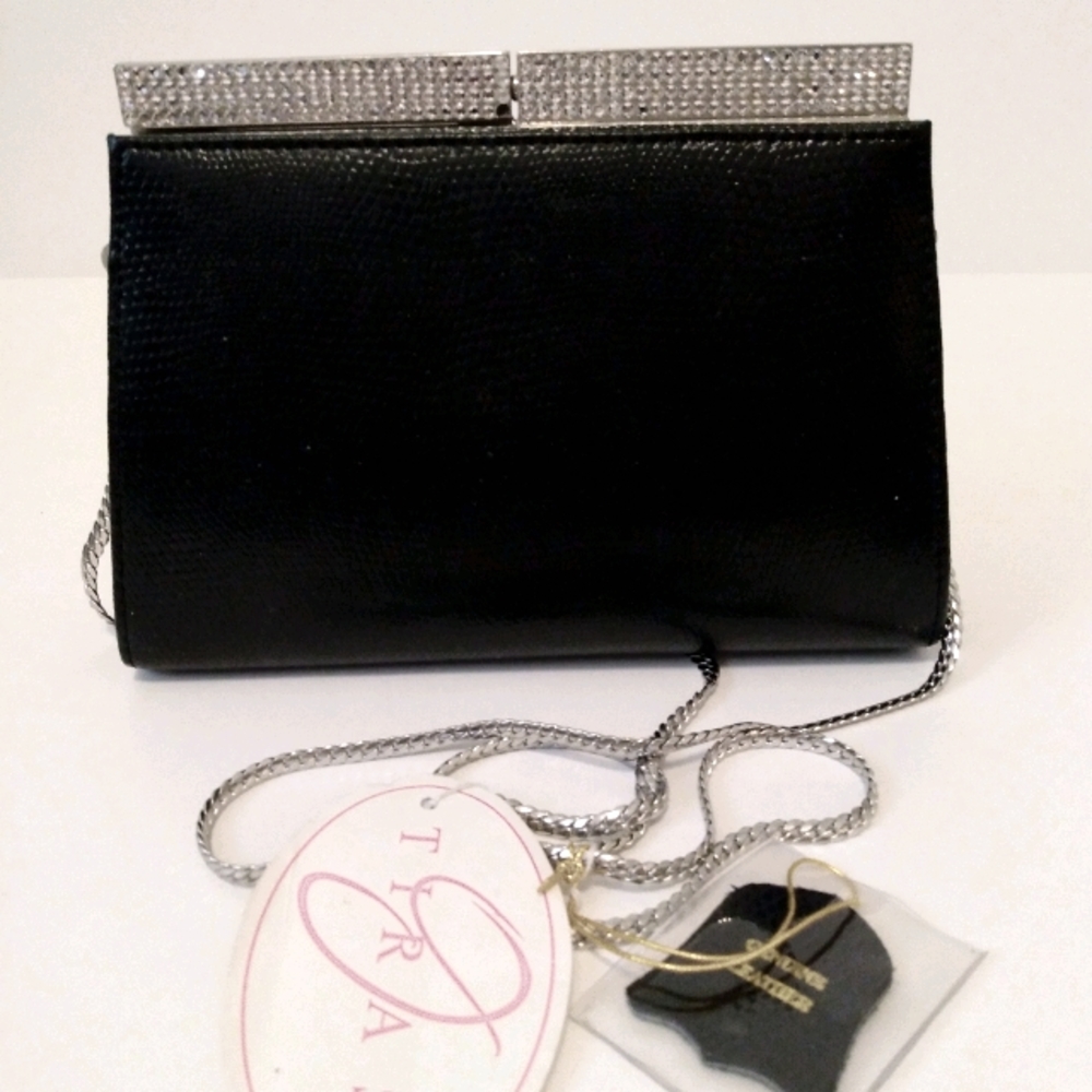 Tiras Crystal Black Leather Baguette Clutch Bag
